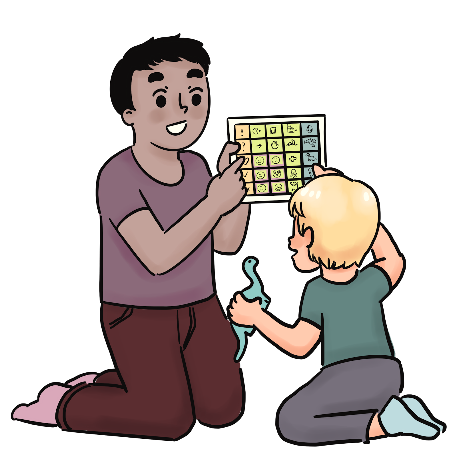 Child with dinosaur and AAC board
